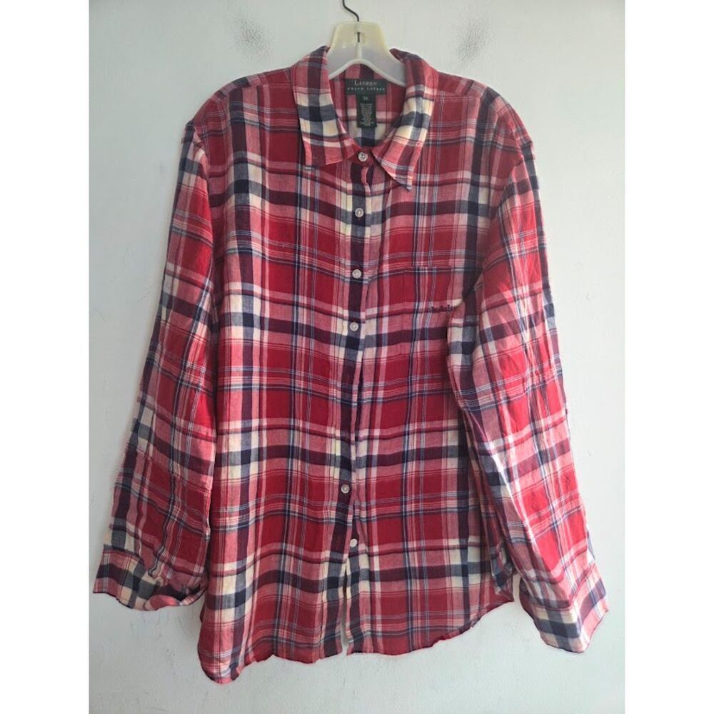 Lauren Ralph Lauren Women Red Black White Plaid 100% Linen Button Up Blouse 3X